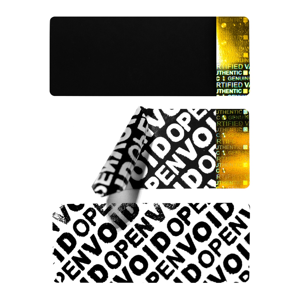 Licenční (sériové) štítky VOID černé se zlatým hologramem 50x20mm