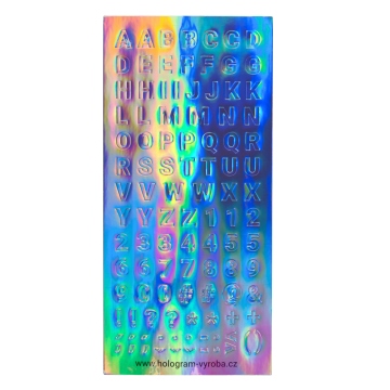 Samolepky - holografická barevná písmena sada znaků a číslic 11mm